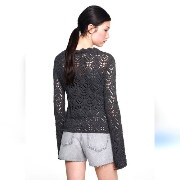 MNG Tricot Knit Crochet Dark Olive Green Soft Cardigan Small Chic - Picture 1 of 5